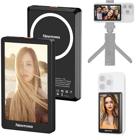 Newmowa Black Magnetic Phone Vlog Selfie Monitor Screen, 1080P Wireless Recording, Using Phone Rear Camera for Selfie Vlog Live Stream Tiktok, Compatible with Iphone(Support 4K 30Fps Wired Recording)