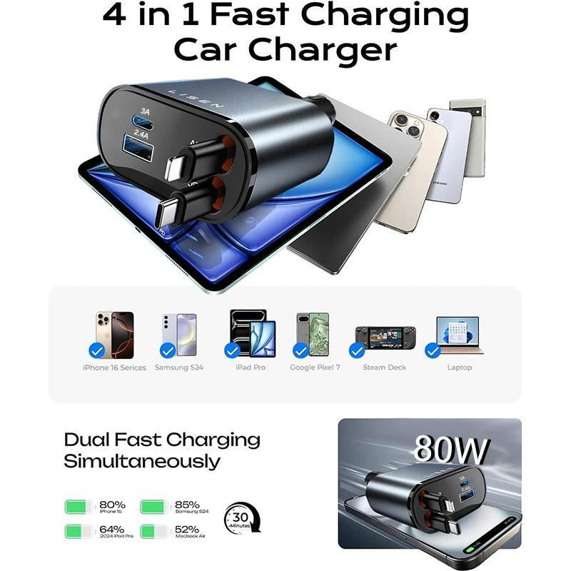 4-In-1 Car Charger, Multipurpose Car Charger with Cable, Durable Mobile Device Charger, Smartphone User Essential Car Accessories