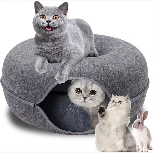 Interactive Dual-Use Donut Cat Tunnel & Bed - Ideal Play & Training for Cats, Ferrets, and Rabbits!