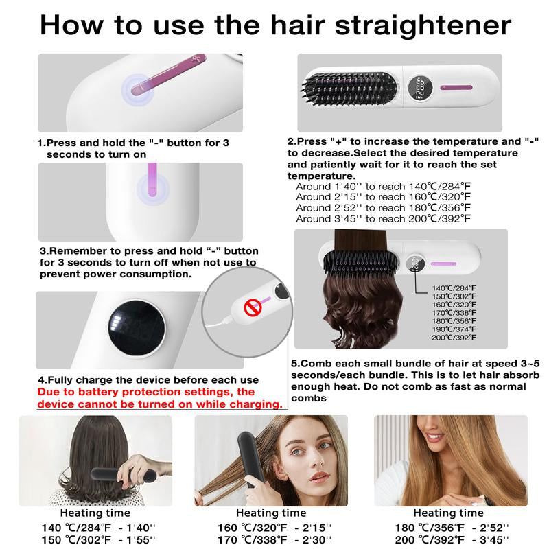 S01 Wireless Hair Straightening Comb，7 Adjustable Heat Settings, Fast Heating, Portable Design, Easy & Convenient Styling Anywhere Smooth Durable