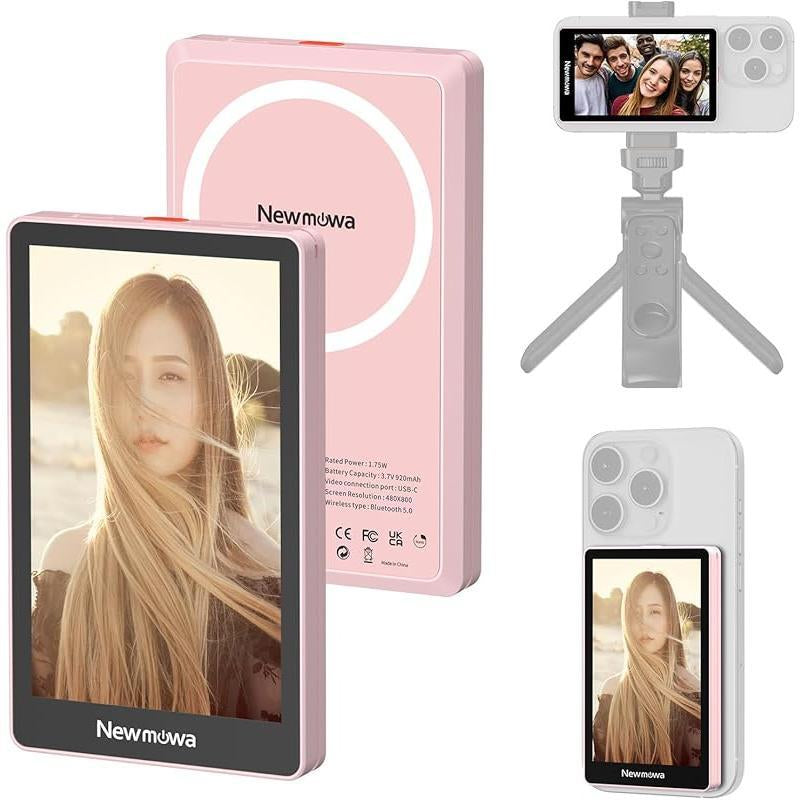 Newmowa Black Magnetic Phone Vlog Selfie Monitor Screen, 1080P Wireless Recording, Using Phone Rear Camera for Selfie Vlog Live Stream Tiktok, Compatible with Iphone(Support 4K 30Fps Wired Recording)