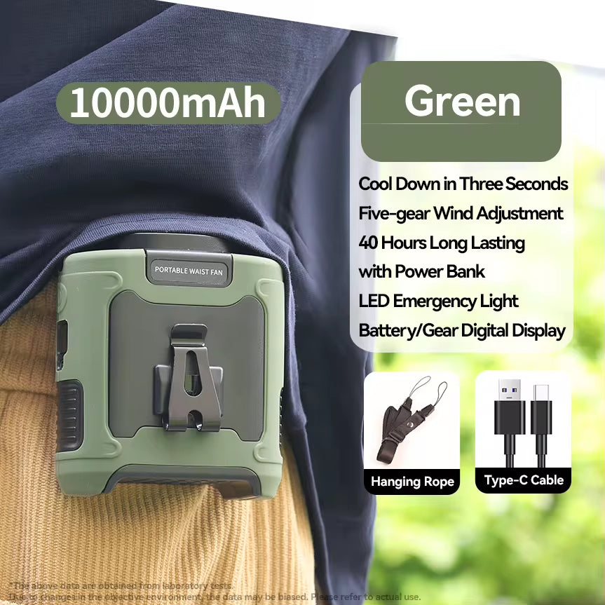 Outdoor Portable Waist Fan Hanging Neck Fan Strong Wind with Power Bank LED Lighting for Sports Courier Outdoor Working